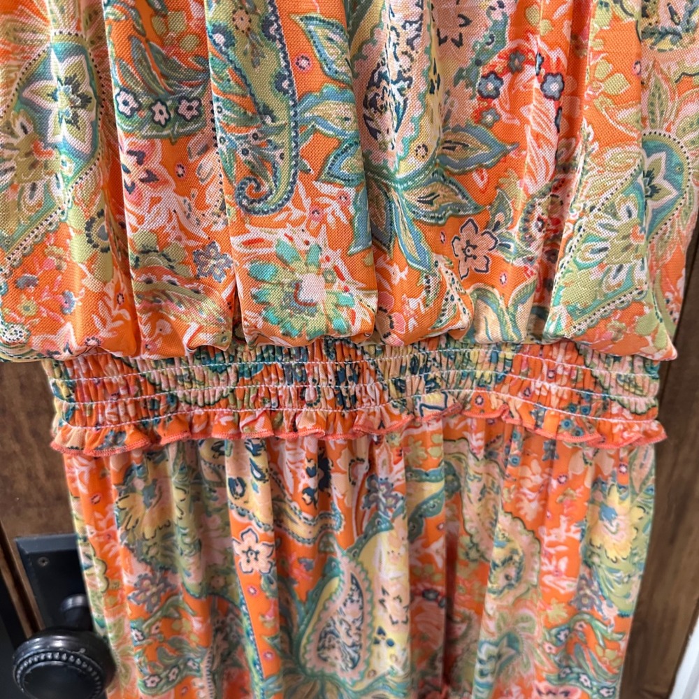 Joie de Vivre Tiered Mesh Midi Dress Women Size M Orange Paisley Smocked Waist - Picture 8 of 13
